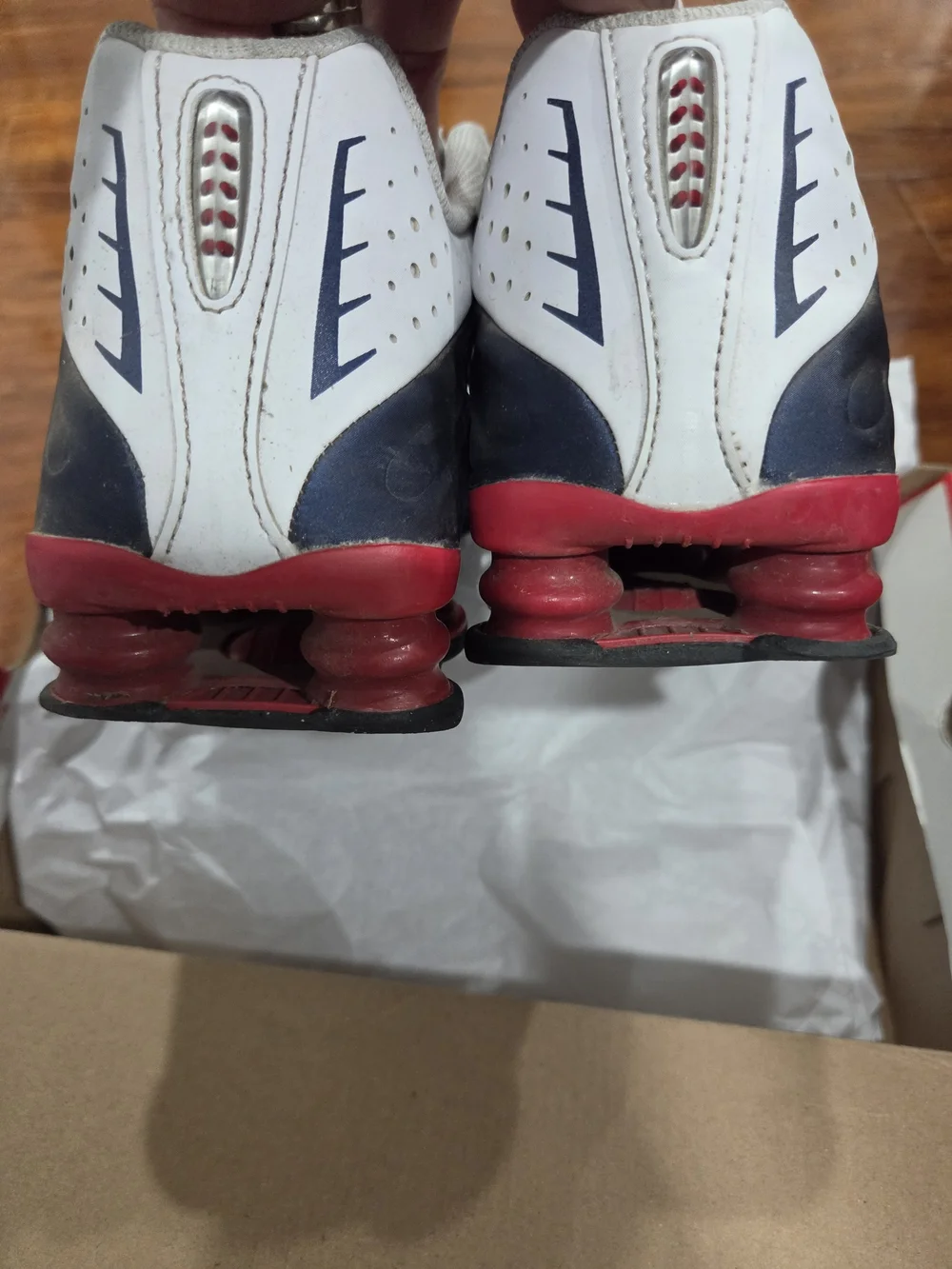 Boy's Nike Shox Running Sneakers - Navy Blue, White & Red